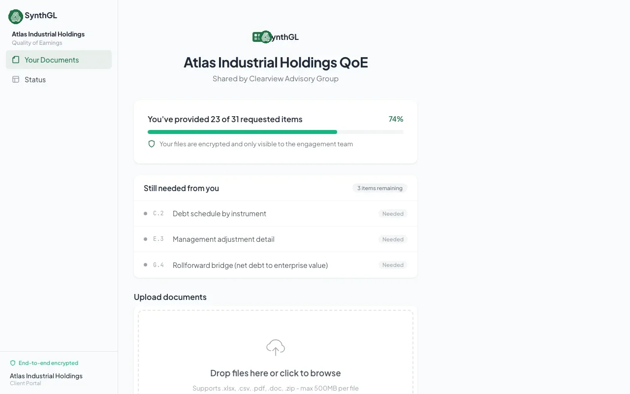 Client portal view where target-company documents land against the request list